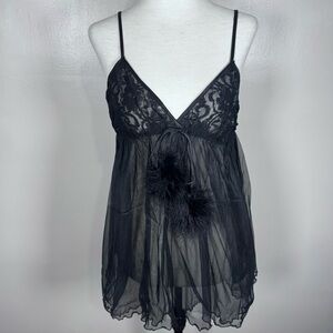 Seductive Wear Cinema Etoile Sz L Black Sheer Pom Pom Babydoll Nightie Lingerie